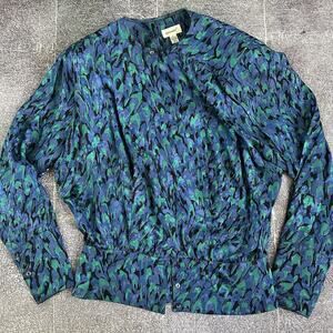 Women's Vintage 90's Omanti 100% Silk Peacock Animal Print Button Up Shirt Sz 6
